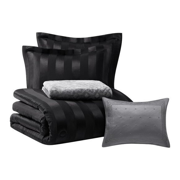 Mainstays King 5-Piece Damask Stripe Comforter Set – Rich Black Bedding Adult - Picture 2 of 5